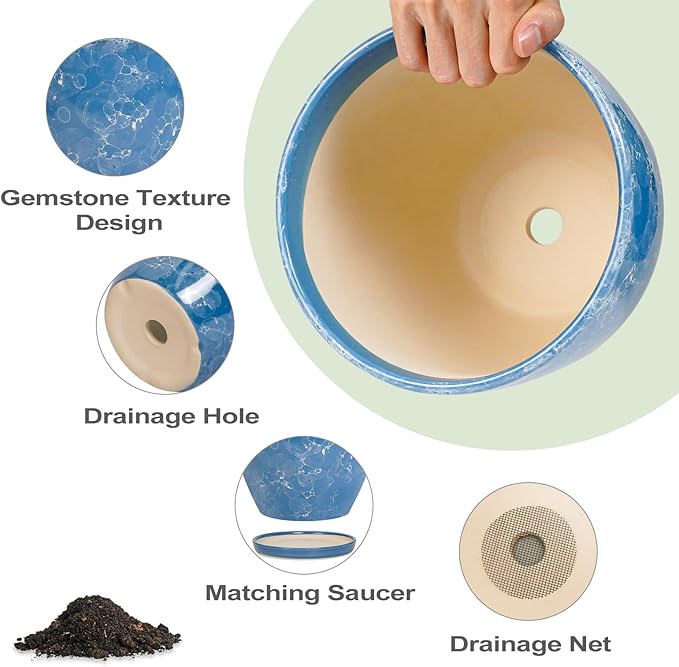 Ceramic Pots for Plants - 6.3 Inch Planter with Drainage Hole and Plant Tray, Decorative Succulent Pot, Round Flower Planter for Indoor, Garden Living Room Decor, Gifts for Plant Lovers, Blue