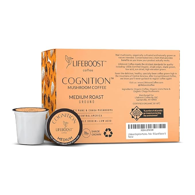 Lifeboost Cognition Mushroom Coffee Pods – Organic Low Acid K-Cups with Lion’s Mane & Chaga Adaptogens – Nootropic Coffee for Energy, Focus & Immune Support – 10 Count