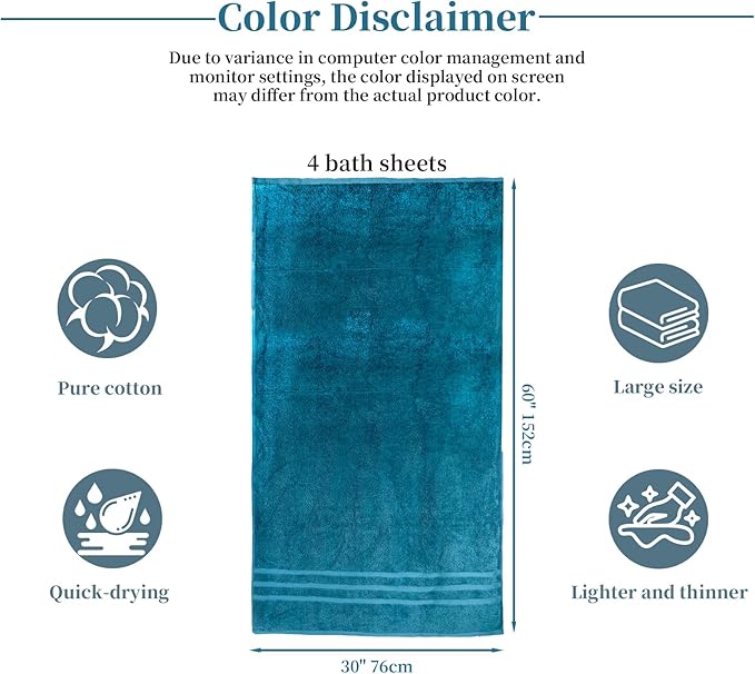 Cotton Bath Towel – Large 30x60 Inches, Soft, Thick & Absorbent Towel for Bathroom, Spa, or Home Use (Blue, 4 Pack – 30"x60")