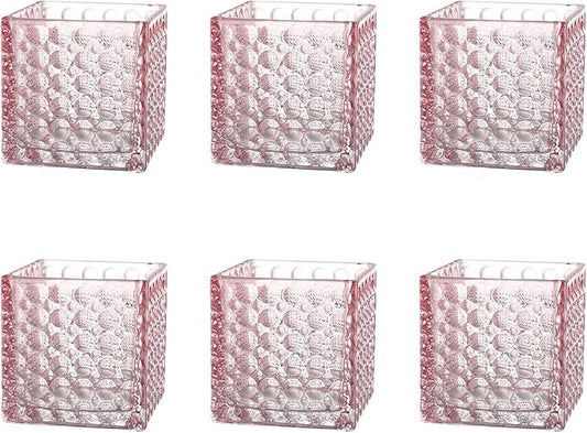 Square Vases Set of 6, 4" x 4" x 4" Square Glass Vases for Flowers, Pink Flower Vase for Centerpieces, Small Bubble Vase for Wedding, Party, Home, Office, Parties, Events