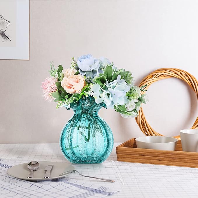 Blown Glass vase, Green Art Glass vase, Modern Art vase for Living Room, Kitchen, Wedding, Dining Table Center Table Decoration Flowers