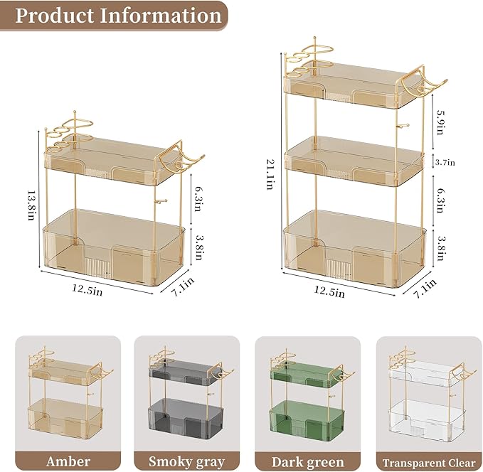 3 Tier Bathroom Organizer Countertop Makeup Perfume Tray Skincare Organizer Comes with Hair Dryer Rack and Toothbrush Holder for Bathroom Dresser Vanity (Gold)