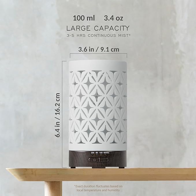 Earnest Living Essential Oil Diffuser for Home White Ceramic 100ml Aromatherapy Diffuser with 4 Timers 7 Night Lights and Auto Off Function (no Beep!) for Essential Oils Version 2