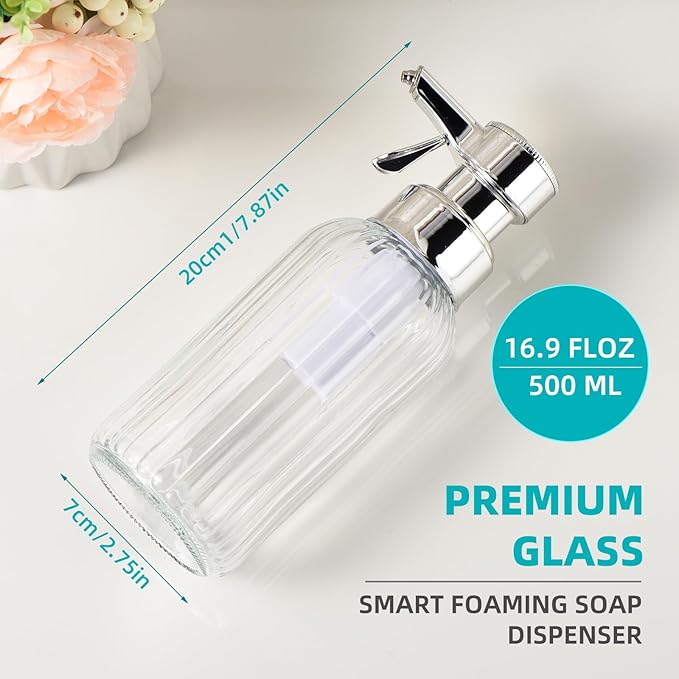 Automatic Foaming Soap Dispenser, 17oz Clear Glass Hand Soap Dispenser with ABS Touch Sensor Pump Battery Operated, Dish/Hand Soap Refillable for Bathroom Kitchen (Silver)