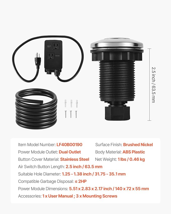 VEVOR Garbage Disposal Air Switch Kit, Dual Outlet Sink Top Air Switch for Food Waste Disposal, 2.5-inch Brushed Nickel Stainless Steel ON/OFF Air Push Button, Suitable for Stainless Steel Countertops