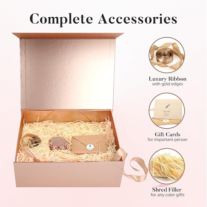 LIFELUM Rose Gold Gift Box 14"x8.5"x4.5" Decorative Gift Boxes for Presents for Anniversary, Wedding, Proposal, Birthday Gifts with Lid, Ribbon, Shredded Filler Card