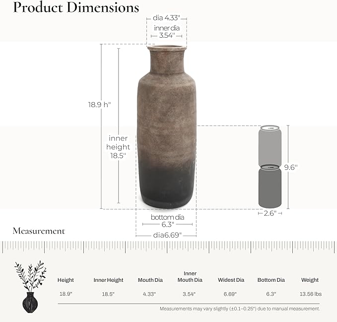 LuxenHome Ceramic Floor Vase,19 Inch Brown Ombre Terracotta Rustic Pottery Large Vases for Living Room Decor, Farmhouse Decorative Narrow Flower Vase Home Decor