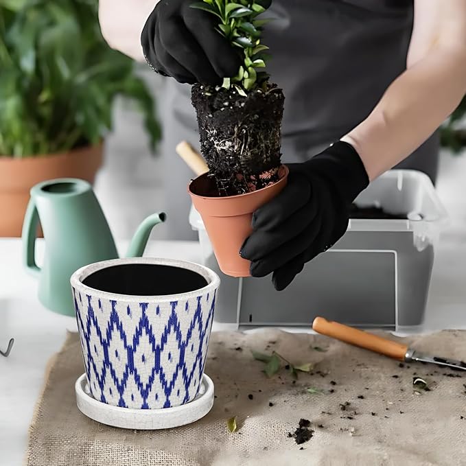 Plant Pots 5.5 Inch, Ceramic Planter with Drainage Hole and Saucer for Indoor Plants, Ice Crack Diamond Pattern Vintage Garden Pots for Succulent Orchid Snake Plants Flower (Blue)