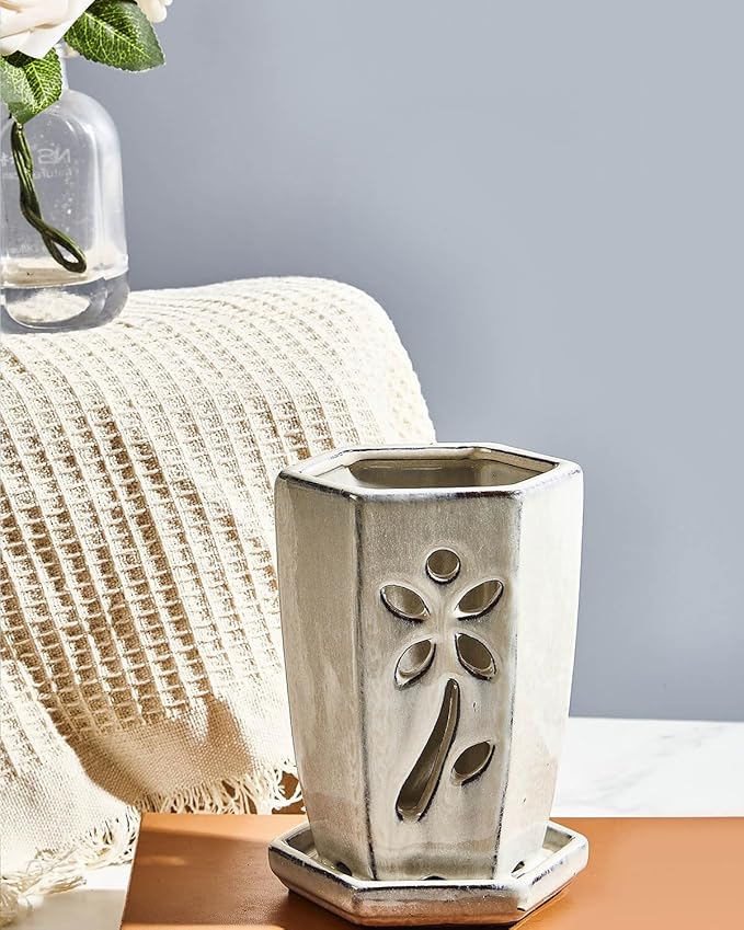 vensovo 4 Inch Ceramic Orchid Pots with Holes and Saucers - 1 Pcs Small Hexagon Succulent Pot for Repotting, Garden Flowerpots for Plants Indoor and Outdoor Promotes Air Circulation, (Milk White)