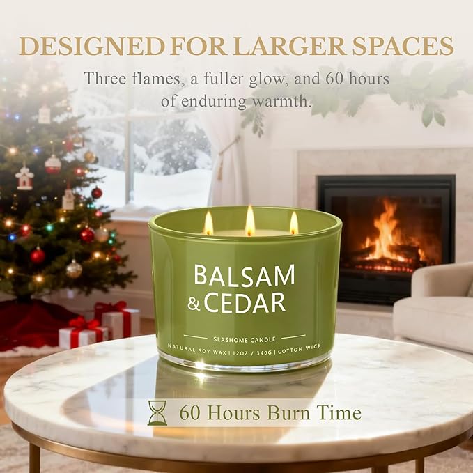 Balsam Cedar Candle, Large 3 Wick 12oz Soy Scented Candle, Luxury Christmas Birthday & Holiday Gift for Women & Men, Long Lasting 60+ Hour Clean Non-Toxic Burn, Elegant Winter Home Decor