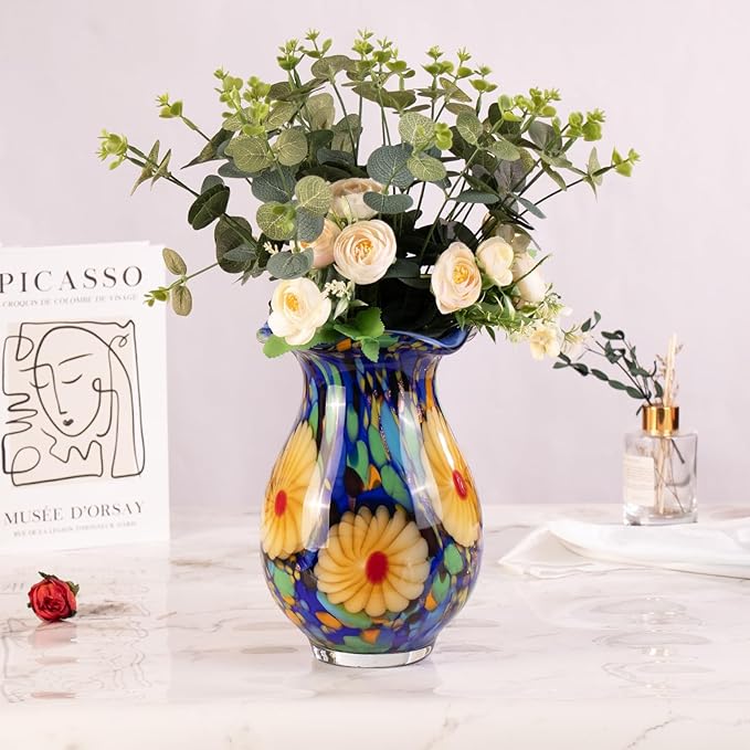 KAMMAK Colored Glass Vase, Beautiful Hand Blown Decorative Vase, Modern Art Vase for Flower Mantle Dining Table Centerpiece, Entryway Living Room Wedding Decoration, FH028