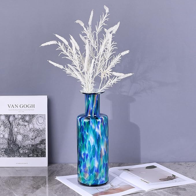 Blown glass cylindrical vase, modern art glass tall vase for home decoration table centerpiece, wedding, living room coffee table, entryway entry table top, TV cabinet decoration and ornament. (green)