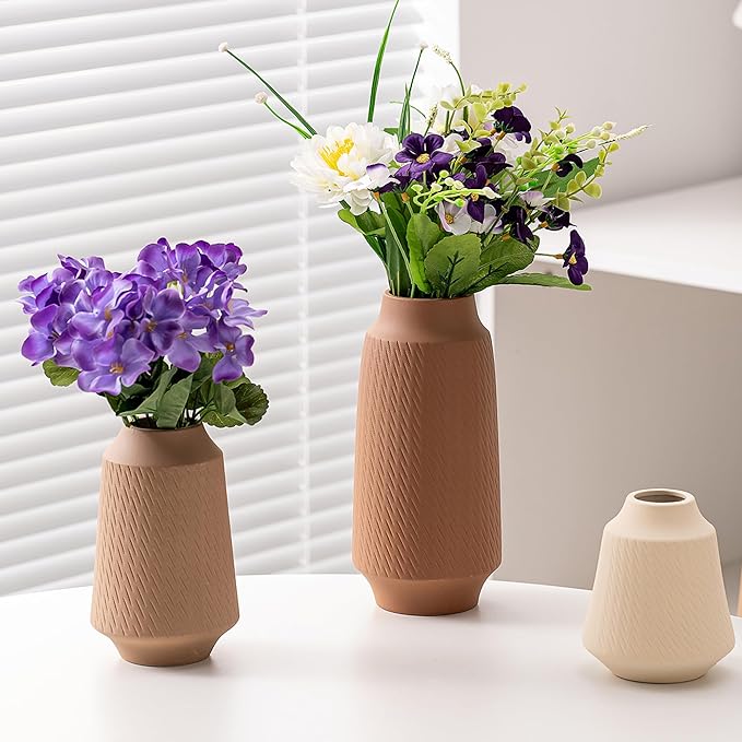 Ceramic Vase Set of 3, Modern Multicolor Pattern Flower Vases for Home Decor, Office, Centerpieces, Boho Farmhouse Style (Khaki/Brown/Beige)