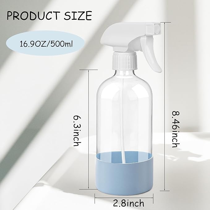 UUJOLY Plastic Spray Bottle Trigger Empty Spray Bottles Clear Refillable Container for Water, Essential Oils, Hair, Cleaning Products, Adjustable Head Sprayer and Stream, Green + Light Blue + Purple