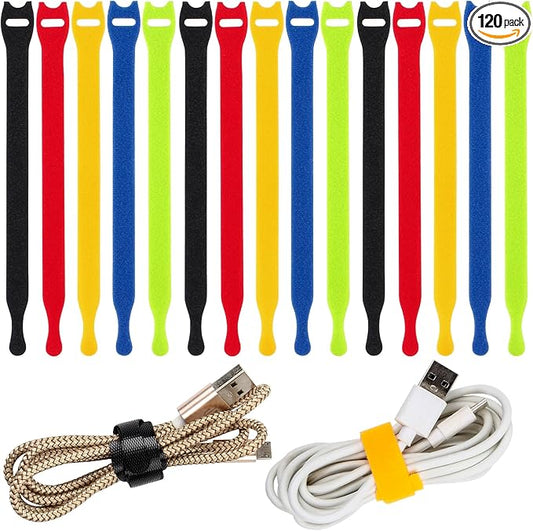 OneLeaf 120PCS Cord Organizer 6in Cable Ties Reusable with Hook and Loop, Colorful Fastening Cord Ties Wire Management for Home, Office, Data Centers, and Electronics, 5 colors