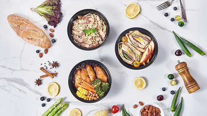 32 oz 150 ct Round Meal Prep Containers with Lids Plastic Food Storage Lunch Plan To Go Box Disposable Take Out Bowl Black BPA Free Reusable Stackable Microwave Freezer Safe (Formerly FULING)