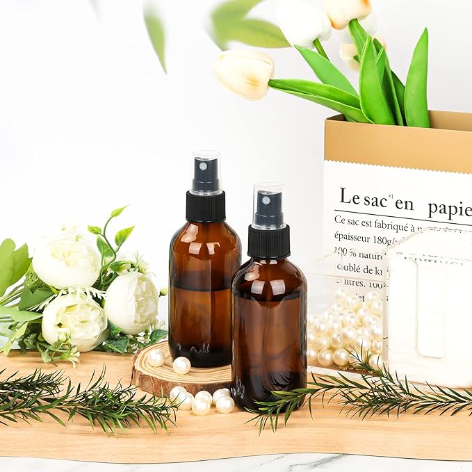 CycleMore 120ml 16Pcs 4oz Amber Glass Spray Bottles with Fine Mist Sprayers, Glass Travel Bottles for Cosmetic Essential Oils Cleaning Solutions Perfumes & More Liquids Ideal for Mother & Friends