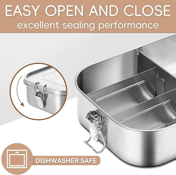 GOLDEN KEY 47QZ Stainless Steel Bento Box with 5 Compartments,1400ml Large & Thickened Metal Lunch Box for Kids or Adults,Eco-friendly Leak-Proof Container with Lockable Clips