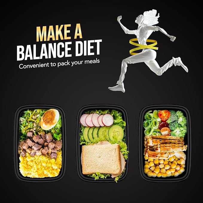 20-Piece (10-Pack) 16 OZ Meal Prep Containers Reusable with Lids, Sturdy Leakproof & Food Safe, Microwave, Freezer, Dishwasher Safe To Go Food Containers, Plastic Take Out Containers, Black