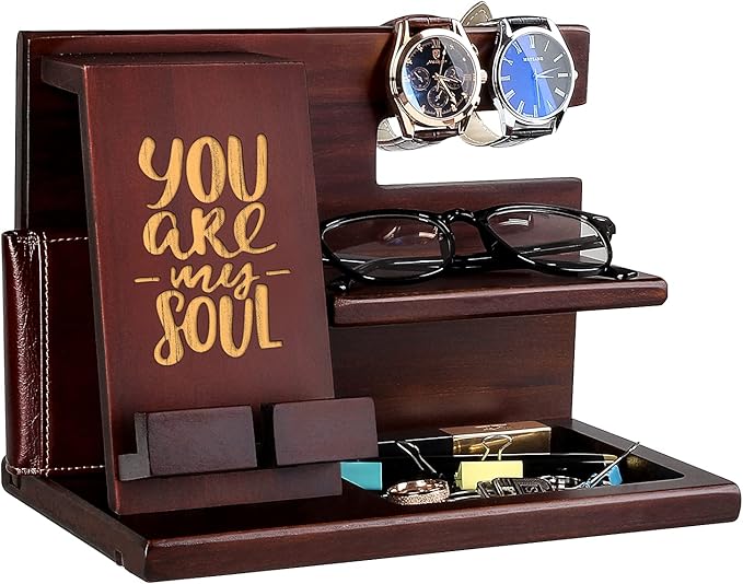 awofer Personalized Idea for Husband Boyfriend - Customized Wood Phone Docking Station for Men - Nine Styles - Birthday Christmas Anniversary Idea for Him - Nightstand Organizer for Men