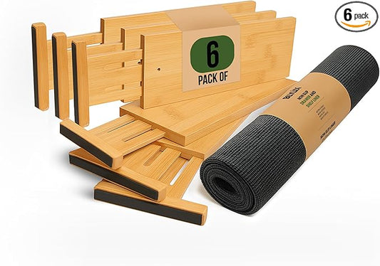 Adjustable Bamboo Drawer Dividers 6 Pack, Expandable Drawer Organizer for Kitchen, Bedroom, Bathroom and Dresser, Each Divider Expands from 12" to 17.5" Height 4.5 – Free Mat Included in Package.