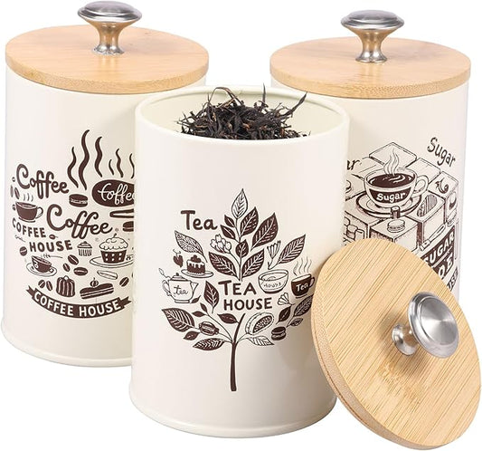 3 Pcs Vintage Tea Coffee Sugar Canister Set with Bamboo Lid, 30 oz Metal Vintage Coffee Tea Sugar Container Set for Home Countertop Pantry Farmhouse Decor
