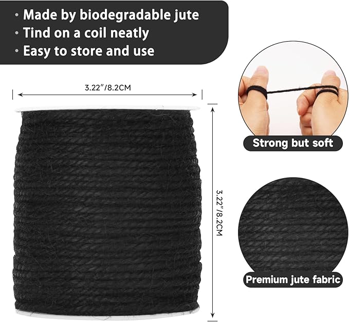 G2PLUS Natural Jute Twine, 3MM 328 Feet Thick Garden Twine String, Black Heavy Duty Hemp Rope String for Gift Wrapping, DIY Arts & Crafts, Climbing Plants, Home Decor