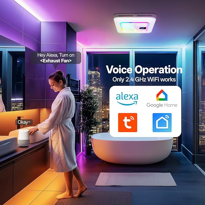 Smart Bathroom Exhaust Fan with Bluetooth Speaker, 230 CFM 1.0 Sone Exhaust Fan with Humidity & Odor Sensor, Remote/App/Voice Control, Adjustable LED Lighting & Dynamic RGB Mood Light (White)
