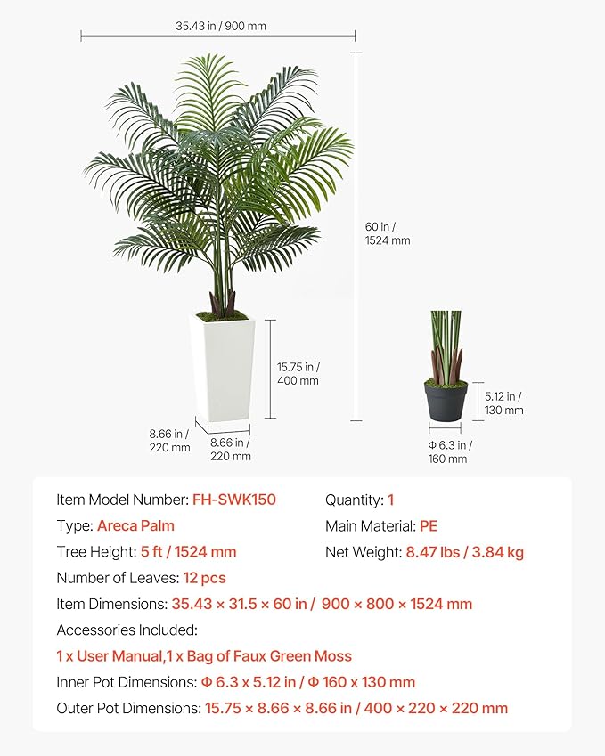 VEVOR Artificial Areca Palm Tree 5 ft, Fake Palm Tropical Plants with White Tall Planter, Faux Floor Silk Plant in Pot, Large Trees for Home Office Living Room Decor House Warming, Indoor Outdoor