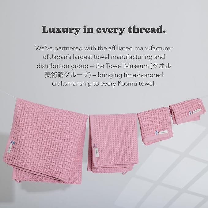 Luxury Japanese Cotton Silk Waffle Bath Towel | Plush, Absorbent, and Quick Dry | Free Storage Bag Included (Sakura Pink, Face Towel, 16" x 16")