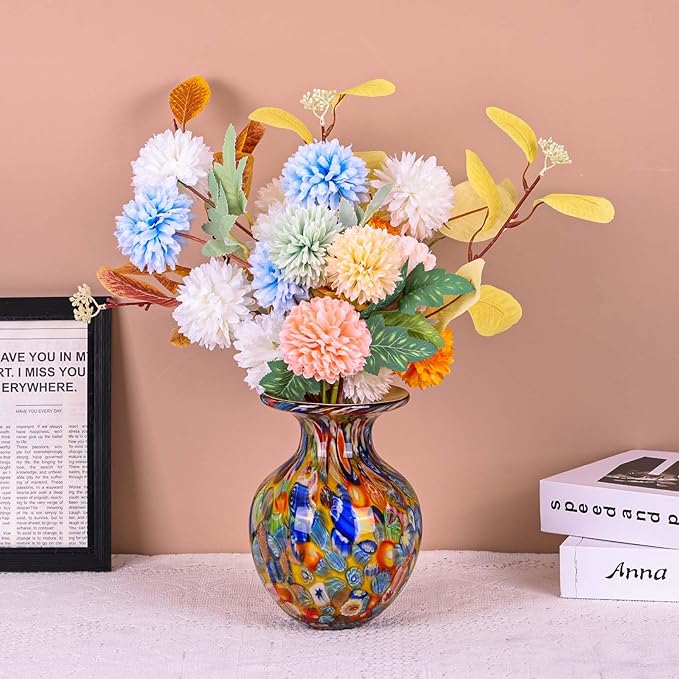 Hand Blown Glass vase, Colourful Glass Decorative vase, Glass Art vase for Bookshelf Coffee Table Floor Mantle Entry Table top TV Cabinet and Dining Table Centerpiece Decorative Flower vase. (Orange)