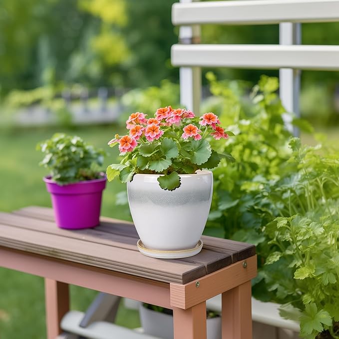 Ceramic Plant Pot - 6 Inch Ceramic Pots for Indoor Outdoor Plants, Decorative Planter with Drainage Hole and Saucer, Modern Plant Pots, Bedroom Room Decor, Plant Lover Gifts, White-Grey