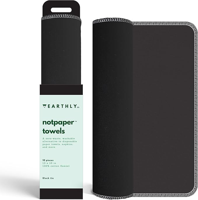 Reusable Paper Towels - 10 Pack - Roll of Washable Cotton Cloth Paper Towels - Paperless Reusable Napkins Cloth Washable - Absorbent + Long Lasting - Zero Waste Products - (Black Tie)