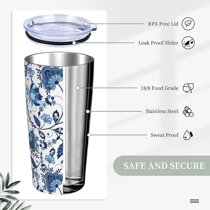 Blue White Porcelain Pattern Tumbler,Ceramics Flower 20oz Stainless Steel Insulated Travel Tumblers,Travel Coffee Mug with Lid and Straw Water Bottle Drink Cups Gifts for Women Men Lovers