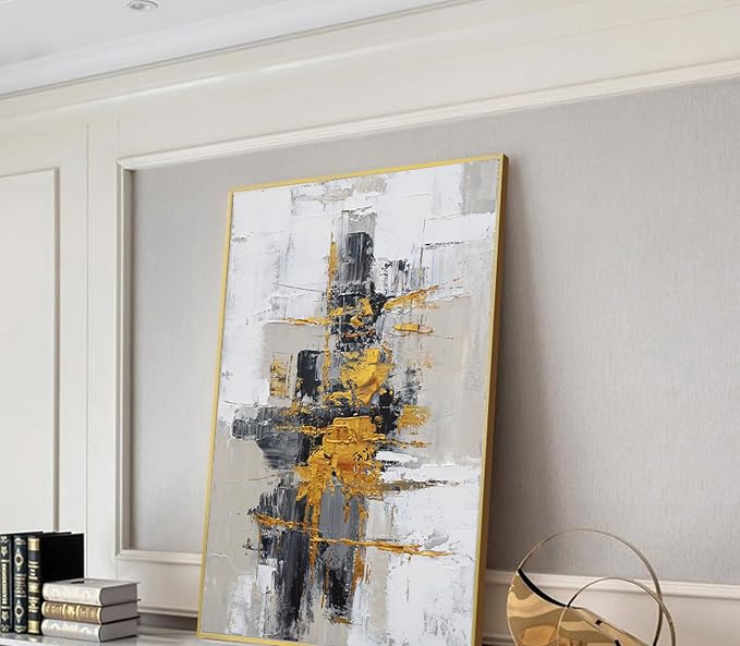 Hand-Painted Abstract Living Room Wall Art,Framed Large Black and White Canvas Oil Painting for bedroom,3D Gold Thick Textrued Abstract Wall Decor for Office Home Decoration 32x48 inches