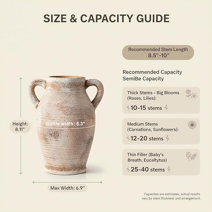 8.1-Inch Terracotta Ceramic Flower Vase with Handles, Rustic Farmhouse Boho Pottery Centerpiece for Table, Living Room & Shelf