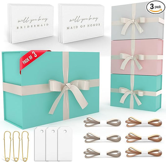 Gift Box Set - Bridesmaids Gifts for Wedding (3 Pack-Teal), All Occasions, Bridesmaid Proposal, Magnetic Boxes With Lids, Big Set For Bridal, 13.5 x 9 x 4.5 inches, Teal GiftBox