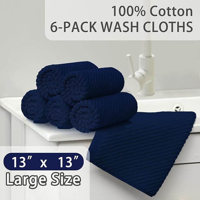 Wash Cloths for Your Face (13"x13") - 100% Cotton | Lightweight | Thick | Quick Dry | Soft | Absorbent, Hand Towels 6 Pack, Wash Cloths for Bathroom & Showering, Towel Gift Set, Navy Blue