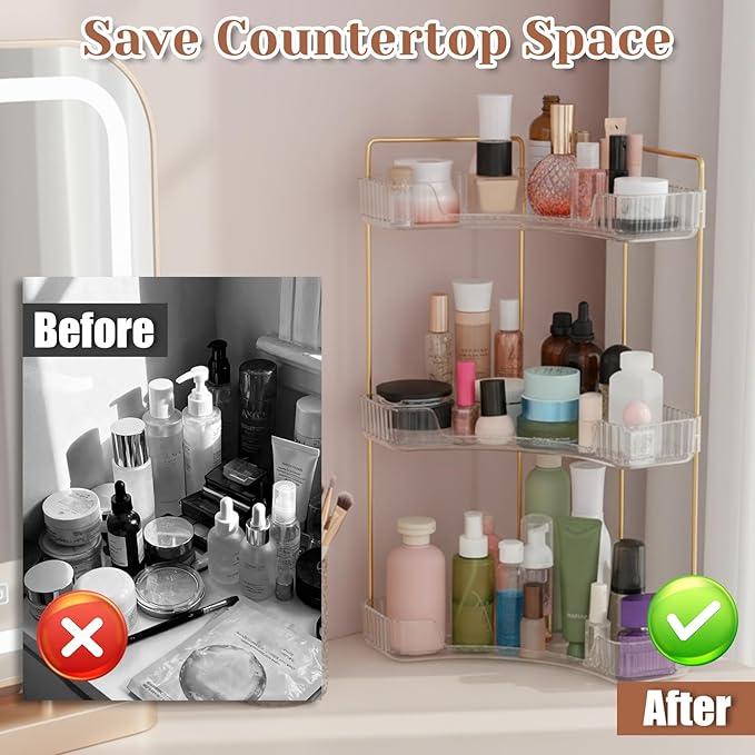 Corner Bathroom Counter Organizer, Vanity Makeup Cosmetic Storage, Makeup Organizer for Vanity, Perfume Tray Holder, 3 Tier Bathroom Countertop Organizers Shelf, for Dresser Kitchen Corner Storage