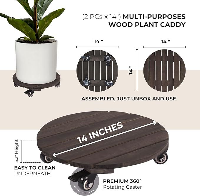 2PCs 14 INCH Wood Plant Caddy with Wheels, Rolling Plant Stand Heavy Duty, 250lbs Capacity Plant Dolly, Plant Stand with 360° Lockable Wheels for Plant Pots, Round Walnut