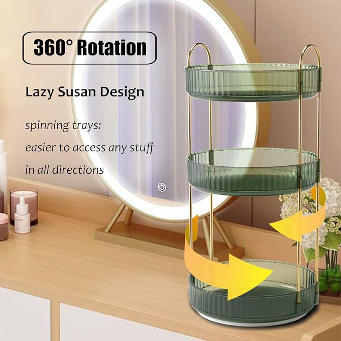 Rotating Makeup Organizer Countertop 3 Tier Lazy Susan Trays Clear Skincare Perfume Storage for Bathroom Counter Vanity, Green Gold