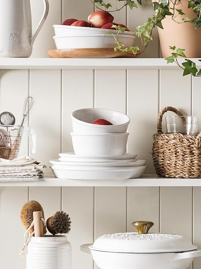 LE TAUCI Dishes Set with Pasta Bowls for 4, Stoneware Dinnerware Set, 10" Dinner & 8" Salad Plates, 6" Bowls, 8.5" Pasta (30 oz), Stackable, Microwave & Dishwasher Safe Ceramic, 16-Piece, White