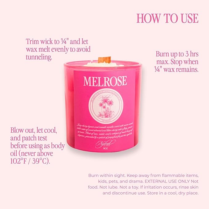 Nylrak™ Melrose Hydrating Body Oil Candle, Cherry, Vanilla and Rose Scent, Soy and Coconut Wax with Natural Wood Wick, Melts into a Moisturizing Body Oil, Vegan and Cruelty Free (Large, 14, Ounce)