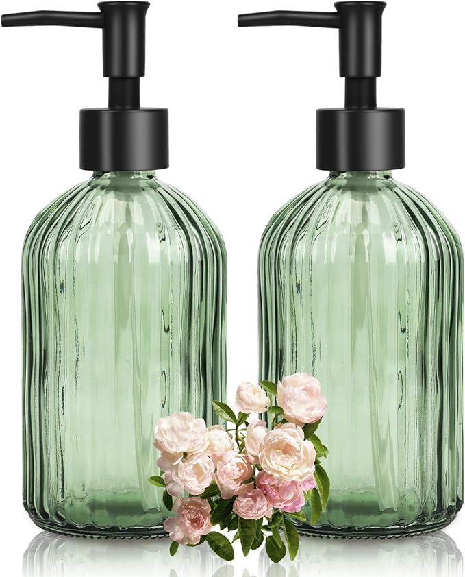 Glass Soap Dispenser with Plastic Pump, Hand Soap Dispenser for Hand Wash, Lotion Dispenser for Dishwashing Liquid, Lotion Shower Gel (Green)