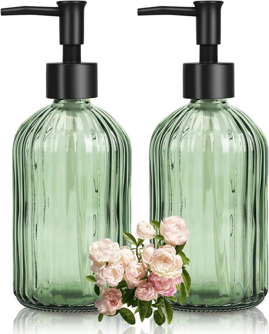 Glass Soap Dispenser with Plastic Pump, Hand Soap Dispenser for Hand Wash, Lotion Dispenser for Dishwashing Liquid, Lotion Shower Gel (Green)