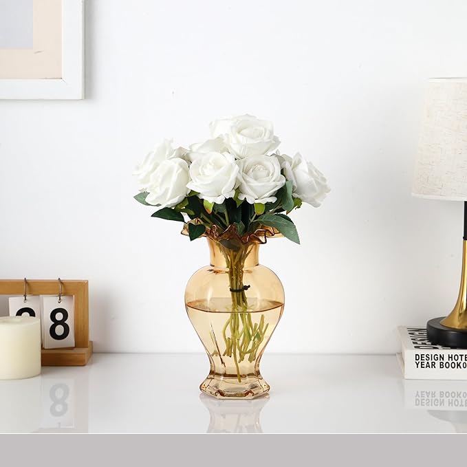 Large Glass Vase, Amber Vase for Flowers, Flower Vases for Bouquet, Glass Flower Vases for Living Room, Dining Table, Shelf, Wedding, Office, Coffee Table, 9.5 Inches