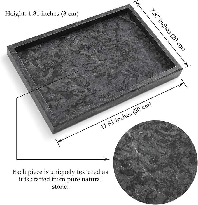 Yew & Tulip Natural Marble Vanity Tray, Nature Dark Gray Marble Serving Tray for Bathroom, Kitchen, Vanity, Home Decor, Wedding etc. (12"x 8" x 1.2")