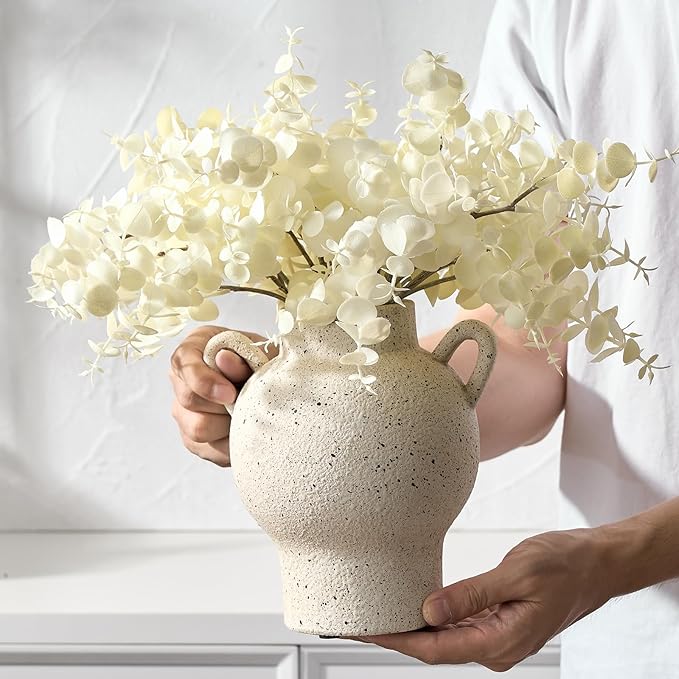 LUKA Antique Ceramic Vase with 2 Handle,7.28 inches Rustic Vase Minimalist Decor, Decorative Vases for Home Decor, Table, Living Room, Shelf, Christmas Decoration(Medium,White)