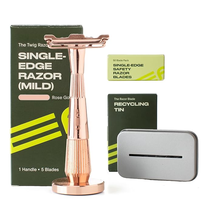 Leaf Shave | Leaf Twig Razor Set, Includes Twig Razor, Matching Stand, 50-Pack Single-Edge Blade Refills, and Blade Bank - Rose Gold