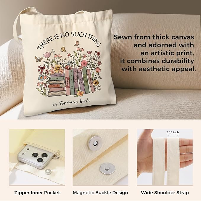 Cute Aesthetic Canvas Tote Bag for Women, Reusable Foldable Shopping Cotton Shoulder Totebag with Zipper Pocket